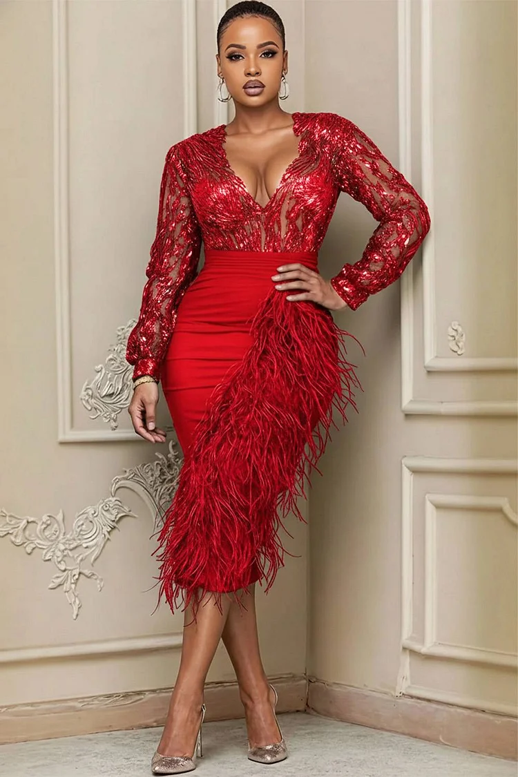 Xpluswear Design Plus Size Party Green V Neck Long Sleeve Feather Elegant Bodycon Sequin Midi Dresses 2024 - Xpluswear