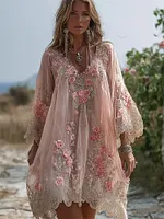 Boho Pink Roses Lace Embroidered Flowy Linen Mini Dress