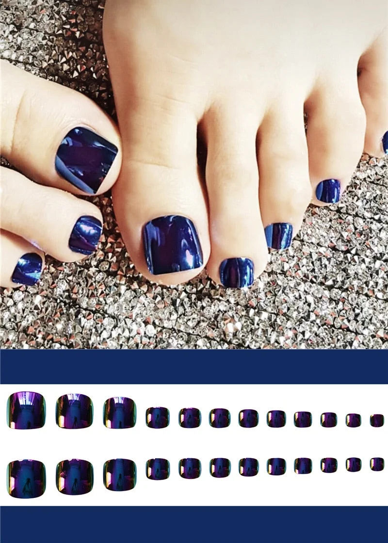 24pcs Phantom Blue Fench Nail for Toes Wide Designed Classical Artificial Fake Toenails Summer Mirror False Nail Manicure