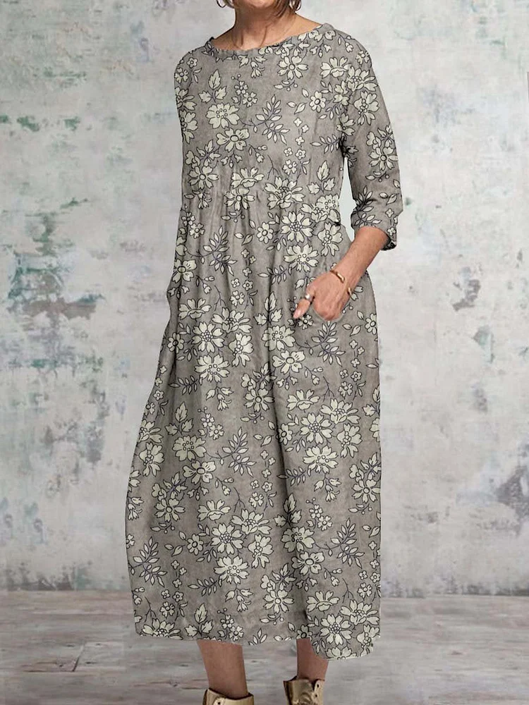 Women's Classic Floral Pattern Round Neck Cotton and Linen Top with Pockets