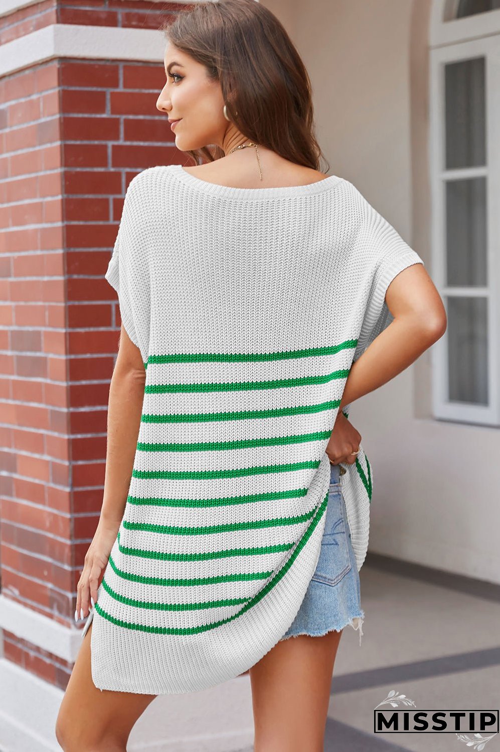 Striped V-Neck Short Sleeve Knit Top