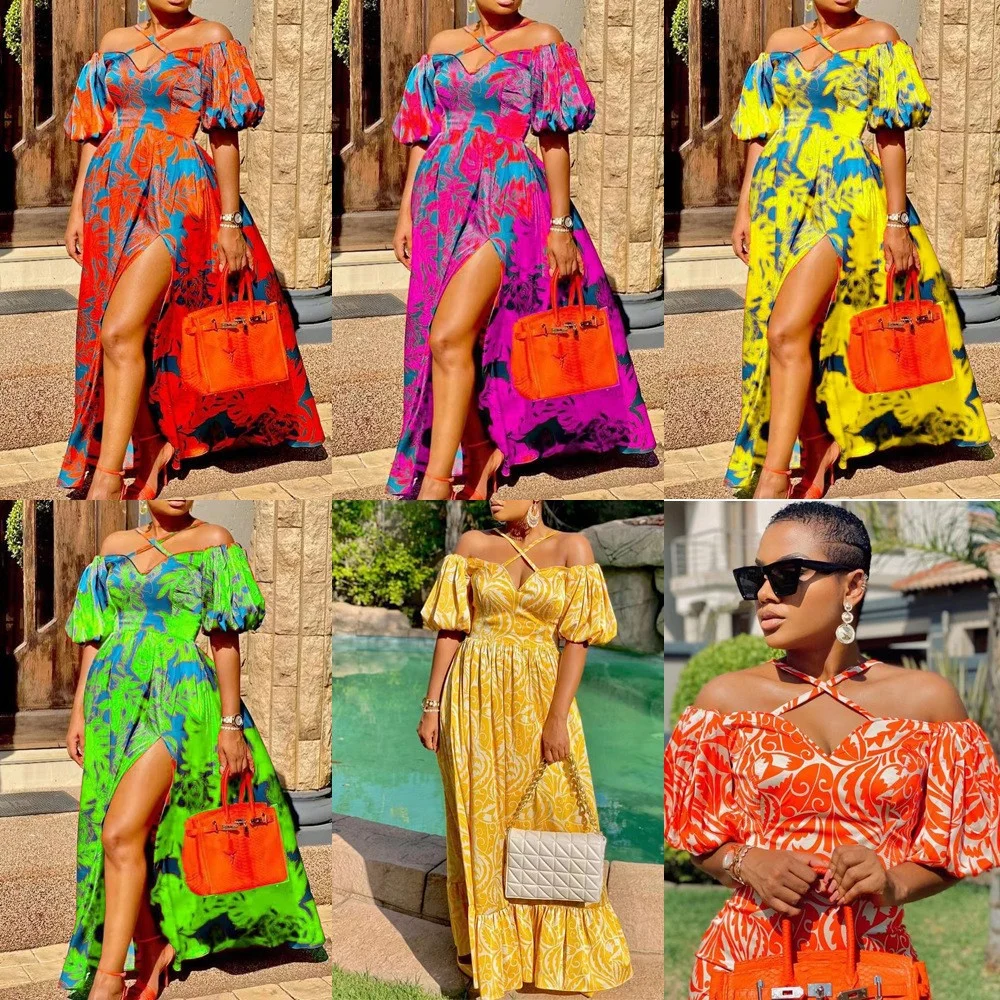 Uveng Uveng New Spring-Summer Women's Dress Print Open Fork Bra Hanging Neck V-Neck Dress