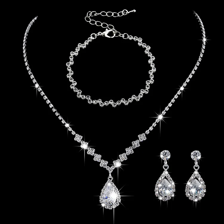 Brilliant Full Diamond Zircon Drop Necklace and Earrings Set