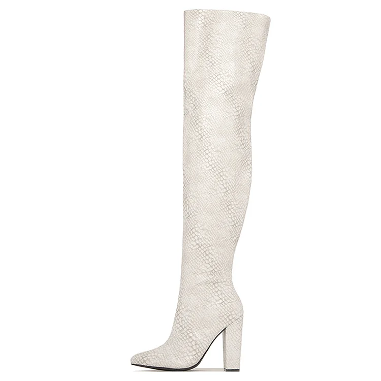 Ivory Pointed Chunky Heel Thigh Boots Elegant Snakeskin Boot Vdcoo