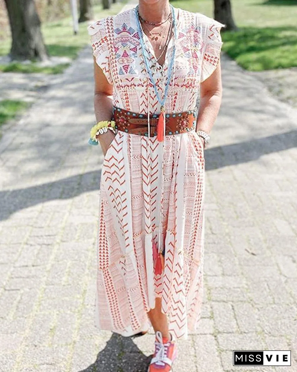 Printed V Neck Ruffle Hem Sleeveless Tassel Design Casual Loose Midi Dress P14267