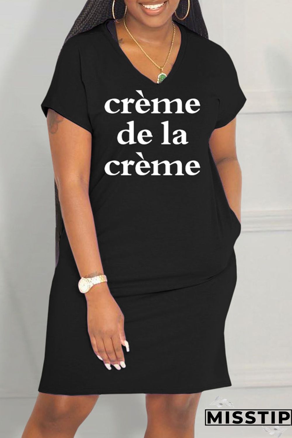 Black Casual Letter Print Basic V Neck Short Sleeve Dress