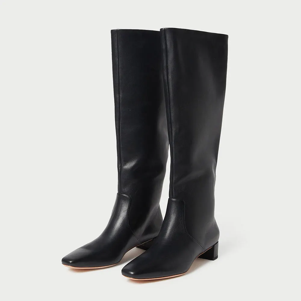 Black Vegan Leather Square Toe Chunky Heel Tall Boots for Women