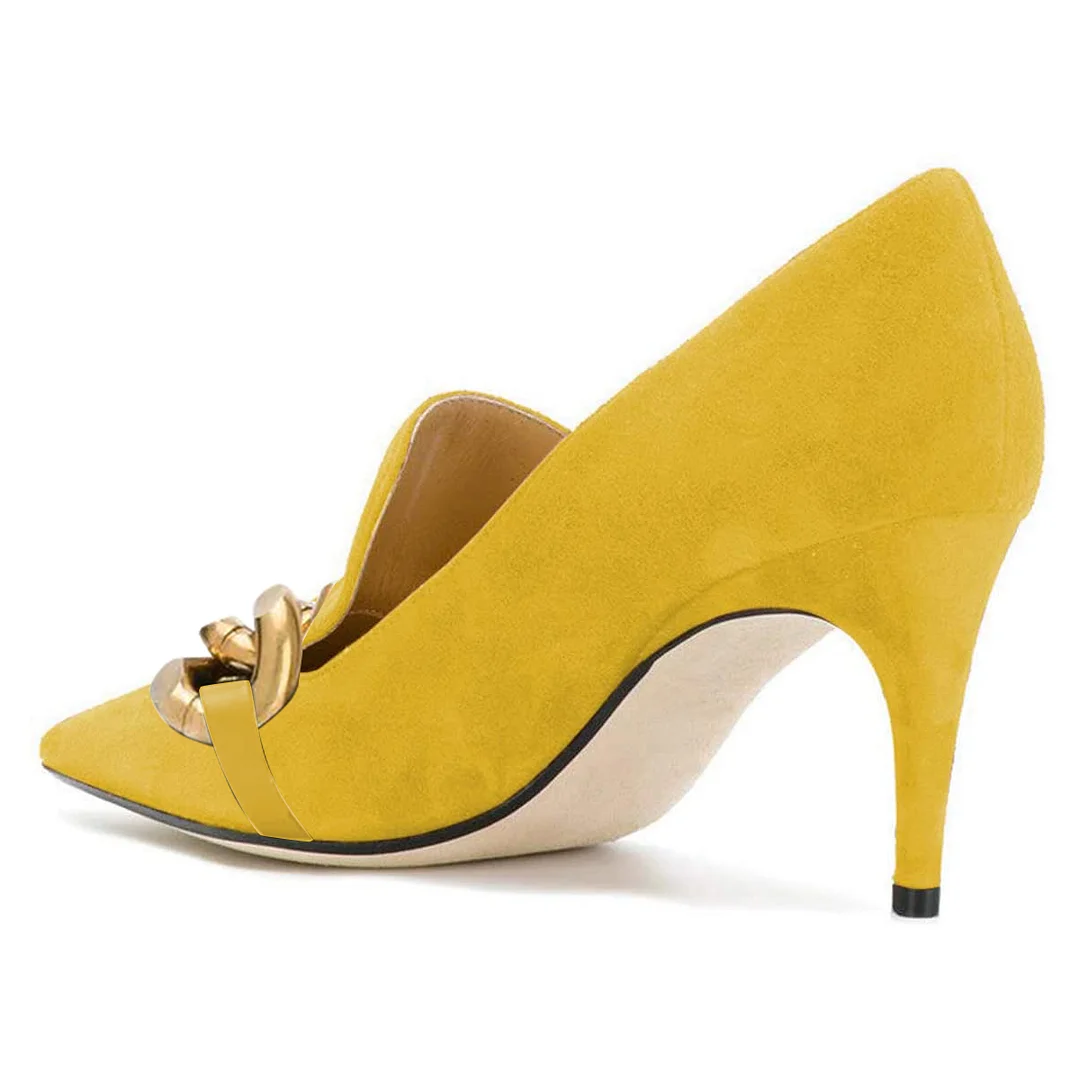 Yellow Faux Suede Pointed Toe Gold Chain Kitten Heel Classy Pumps 