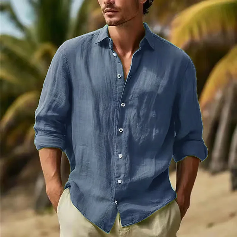 Uveng Uveng Men's Linen Shirt Button Shirt Summer Beach Shirt Pure Color