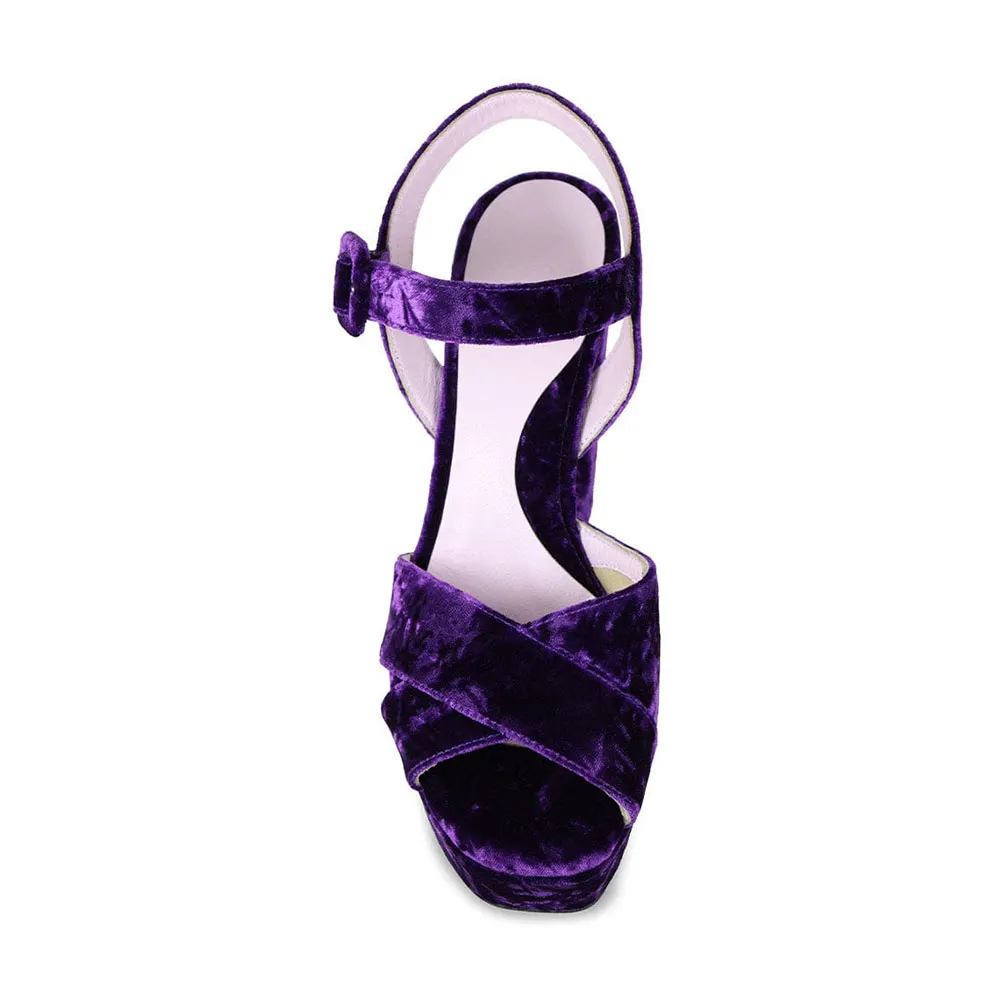 Purple Velvet Open Toe Ankle Strap High Heels Sandals with Platform