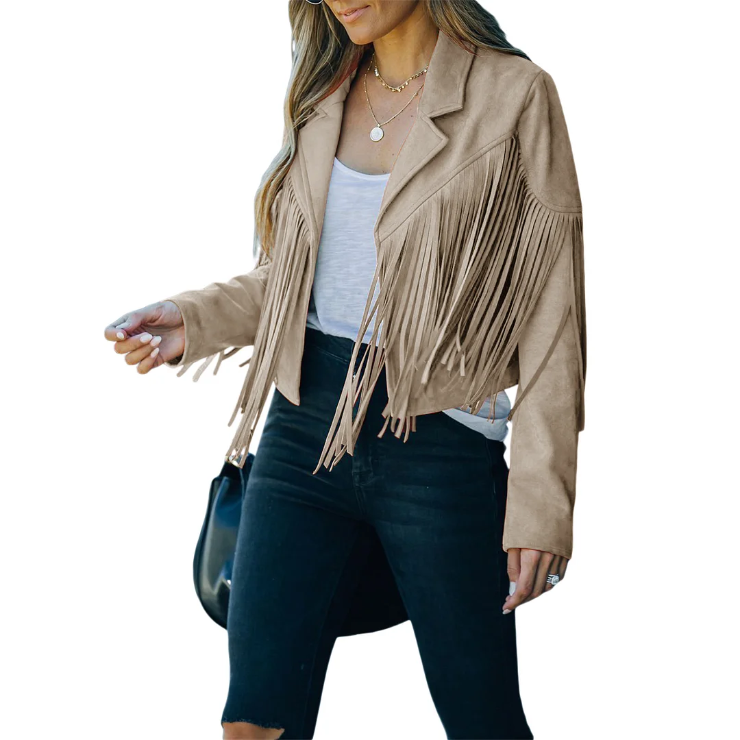 Uveng Spring Women's Clothes Short Coat Solid Color Collared Jacket With Tassels Long Sleeve Open Front Coat Streetwear Y2k