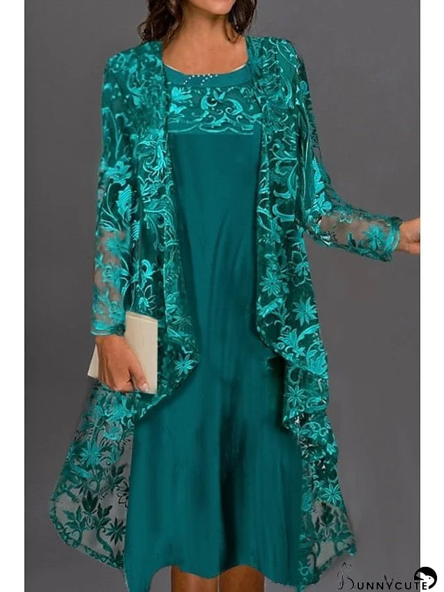 Lace Dress Dress Set Two Piece Dress Midi Dress Dark Green Long Sleeve Embroidery Ruched Summer Spring Crew Neck Modern Winter Dress Fall Dress S M L XL XXL 3XL for Women