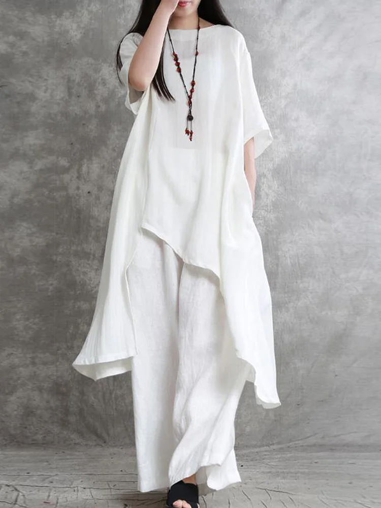 Solid Color Irregular Shirt And Wide Leg Pants Women's Set