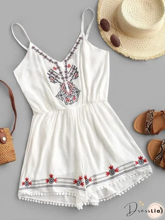Cami Crochet Trim Embroidered Romper for Women