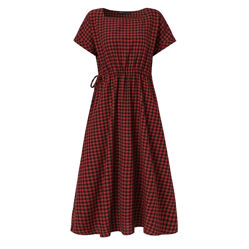ZANZEA Vintage Women Plaid Checked Midi Dress Summer Elegant Square Neck Short Sleeve Sundress Party Vestidos  Femme