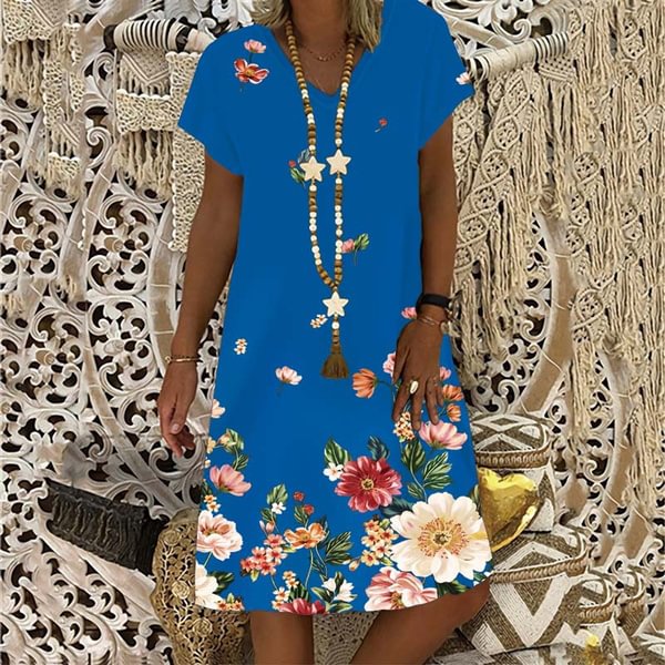 Summer New Fashion Women's V-neck Flower Printed Casual Short Sleeve Dress Loose Soft and Comfortable Plus Size Dress S-5XL - Shop Trendy Women's Clothing | LoverChic