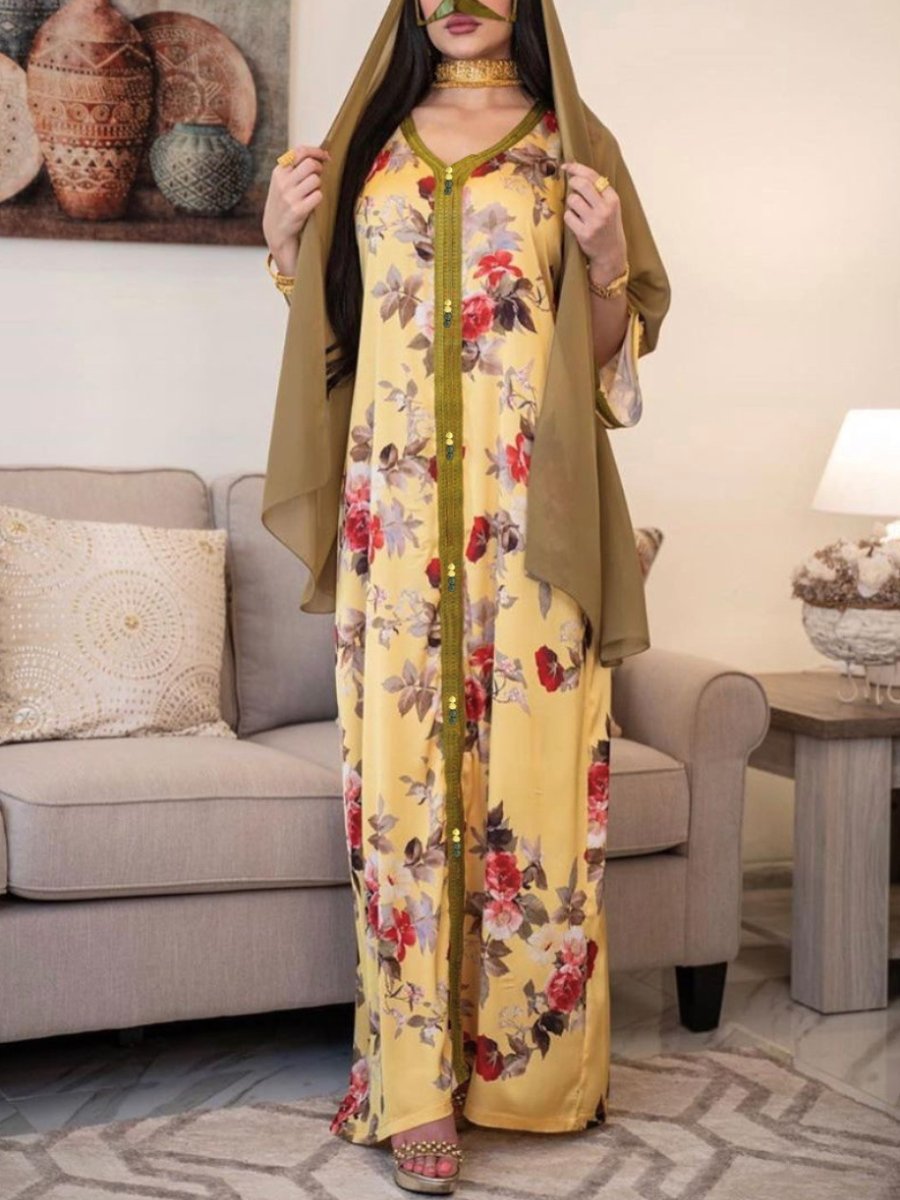 Yellow Flowers Printed V Neck Long Sleeve Dress | Oxredo Shop Ramadan Sale