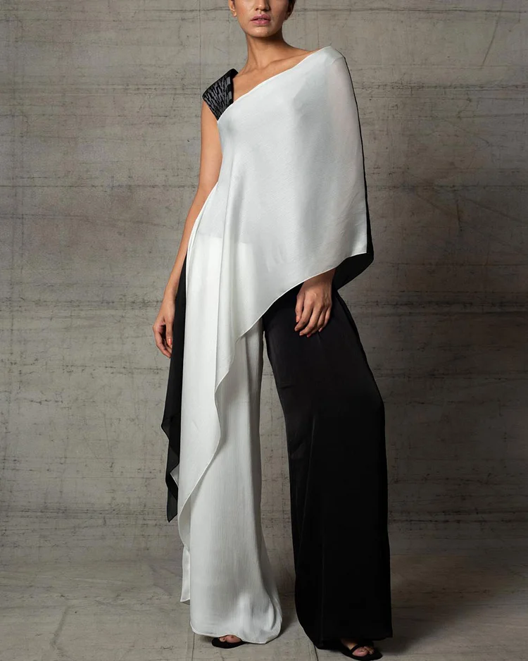 Black & white metallic asymmetric top and pants two-piece set