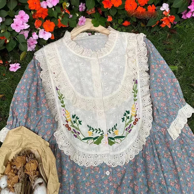 Queenfunky cottagecore style Lace Patchwork Embroidered Dress QueenFunky