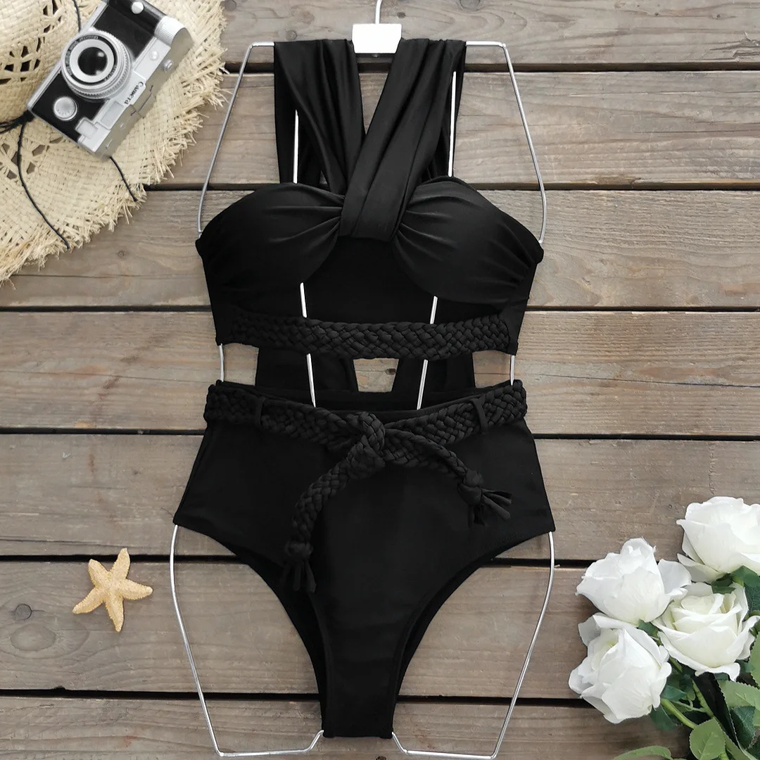 Brownm Solid Color Choreette Tied High-Waisted Bikini INS Split Swimsuit Women 2025 New Bikini