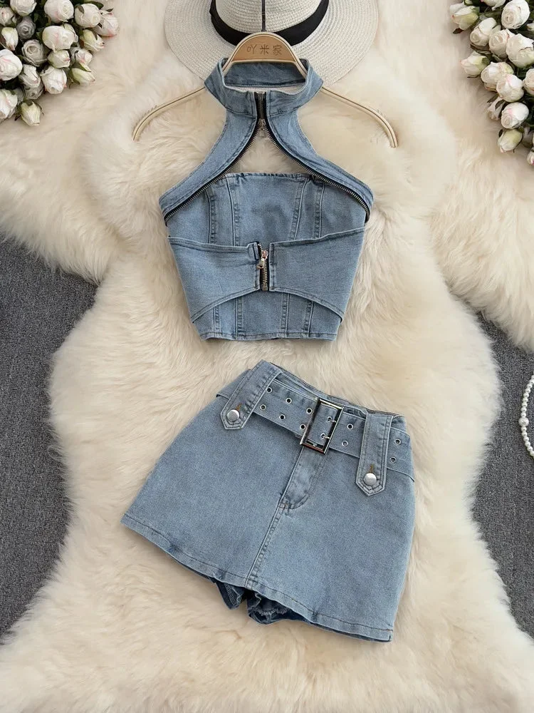 Huiketi Women Summer Denim Jeans Halter Tops Mini Shorts Skirt Outfits Suits Backless Sashes Chic Style Bodycon High Waist Vestidos