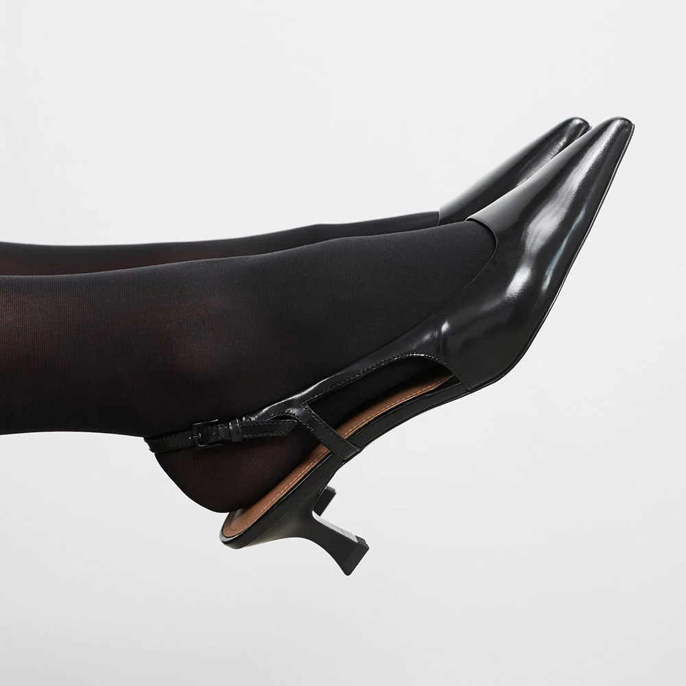 Black Patent Leather Buckle Pointed Toe Slingback Kitten Heel Pumps