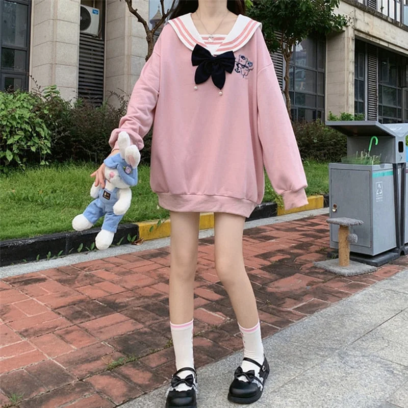 Hoodies and Sweatshirts Women Sweety Kawaii Loose Autumn Winter Hoodies Casual Oversize Pullovers Sailor Collar Bow Sweatshirts