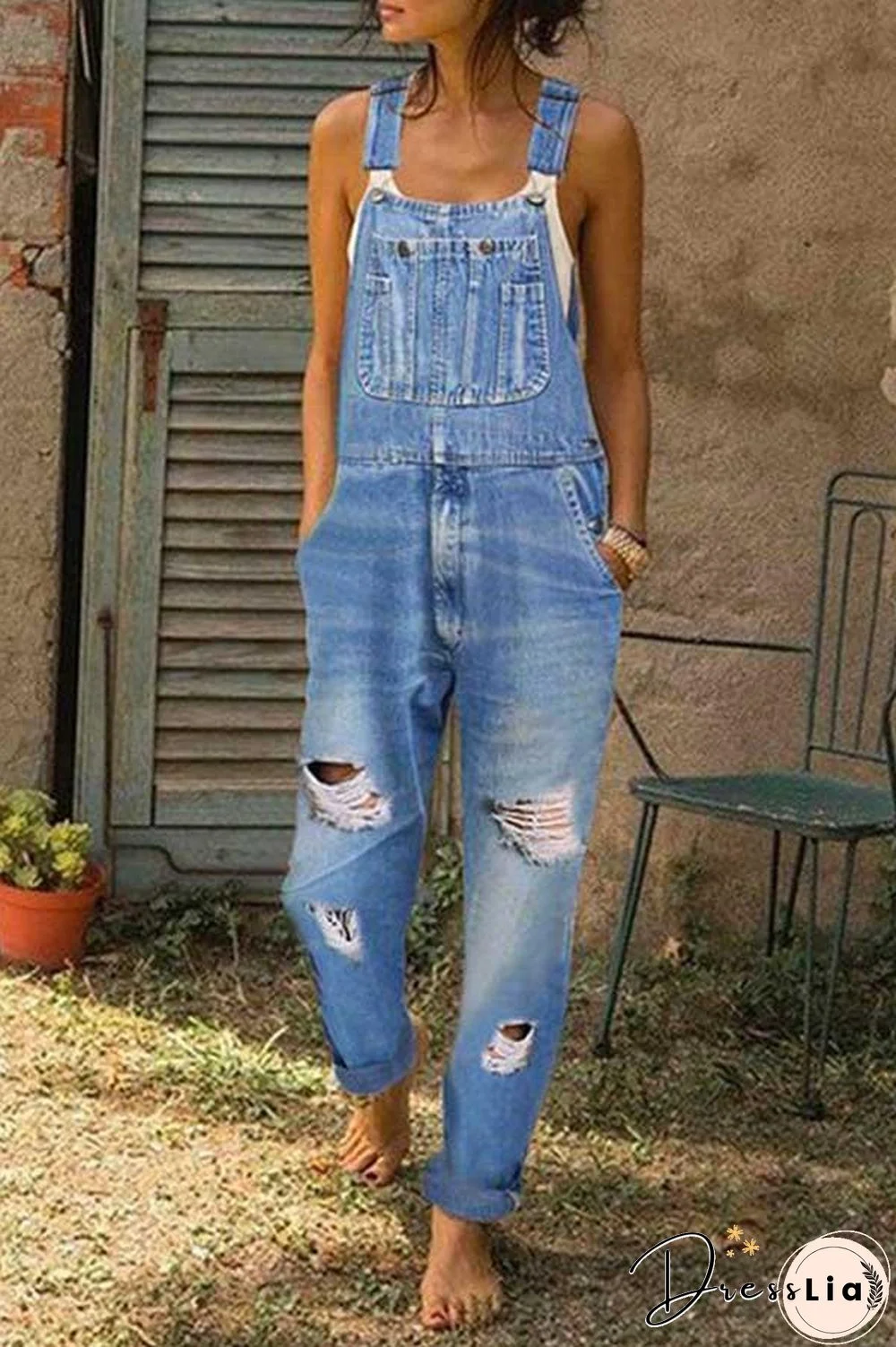 Washed Ripped Hole Denim Overalls(3 colors)