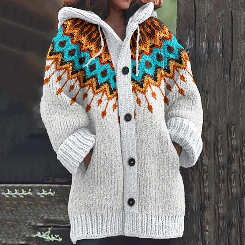 Vintage Color Block Jacquard Button Down Cozy Sweater