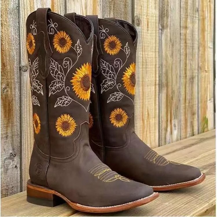 Women's Sunflower Boots Short Boots Embroidered Slope Heel Casual Boots