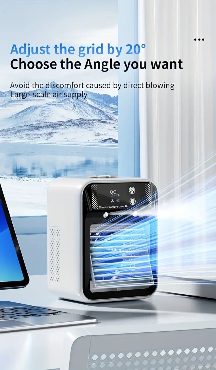 2025 new cooled fan with ice cooling portable desktop spray humidifier rechargeable or usb powered 2 battery capacity 3000mah square shape 36v or below no portable air cooler modern aesthetic durable build quality portable air cooler Product details 12