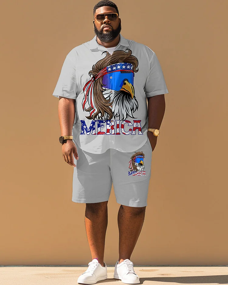 Men's Plus Size Independence Day Eagle Print Short Sleeve Shirt Shorts Suit