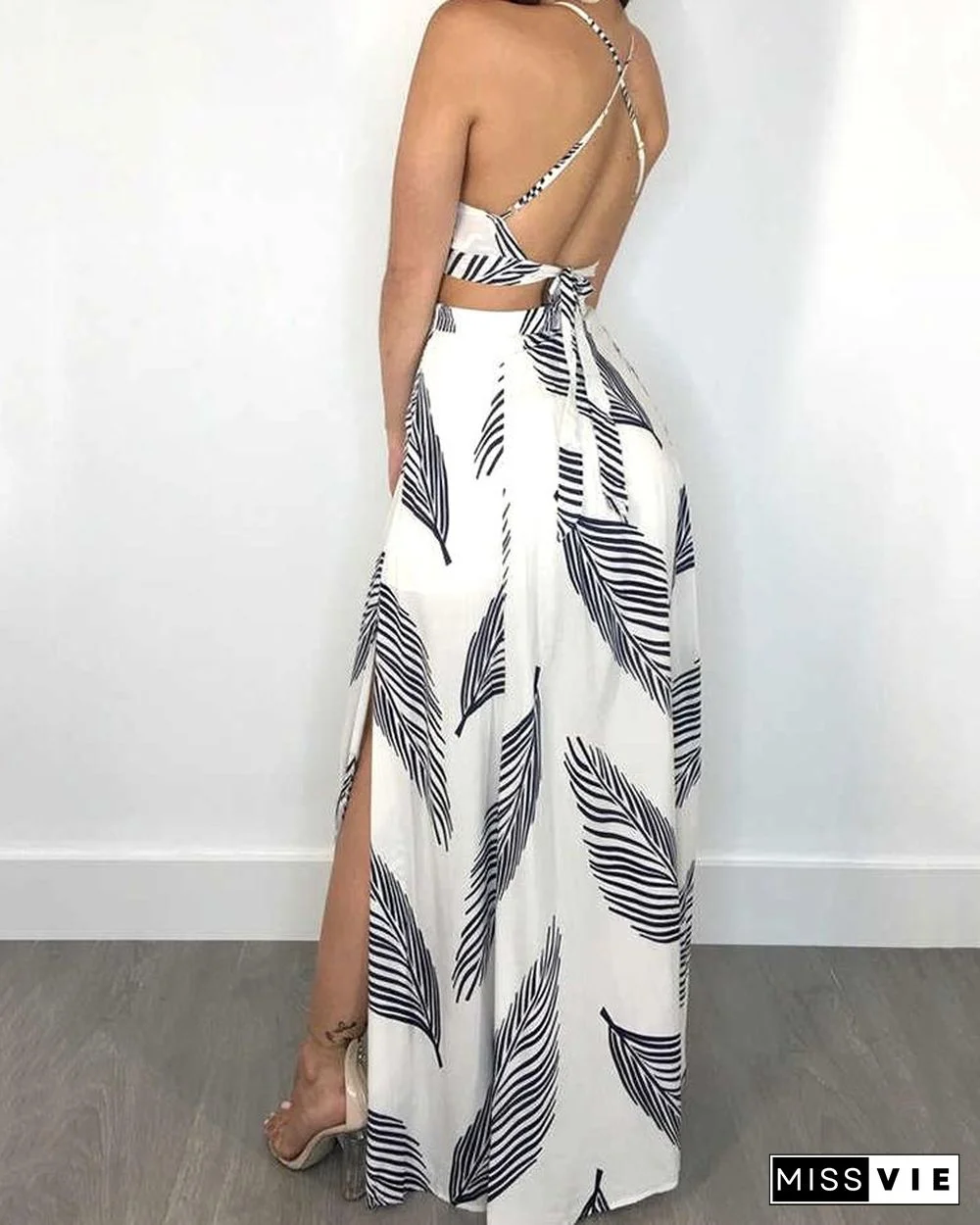 Leaf Print Backless Cami Top & Split Maxi Skirt Set
