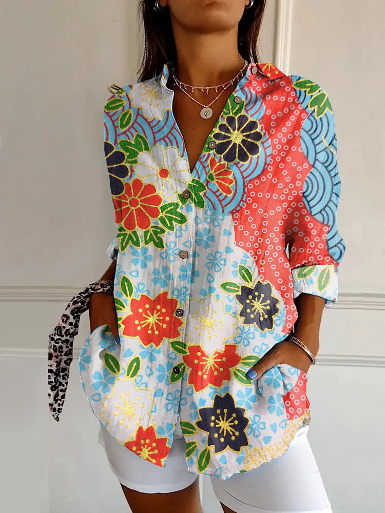 Japanese Classic Colorful Plum Blossom Print Casual Long-sleeved Shirt