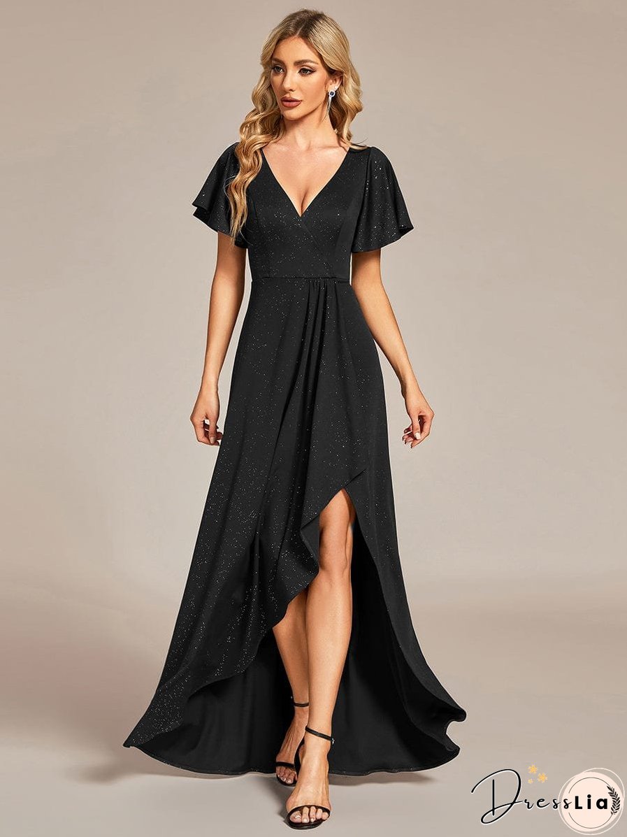 Ruffled Sleeve Tea Length Evening Dress with Side Split