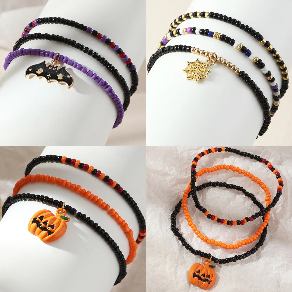 Hand wear mixed color rice beads pumpkin bat Halloween bracelet set