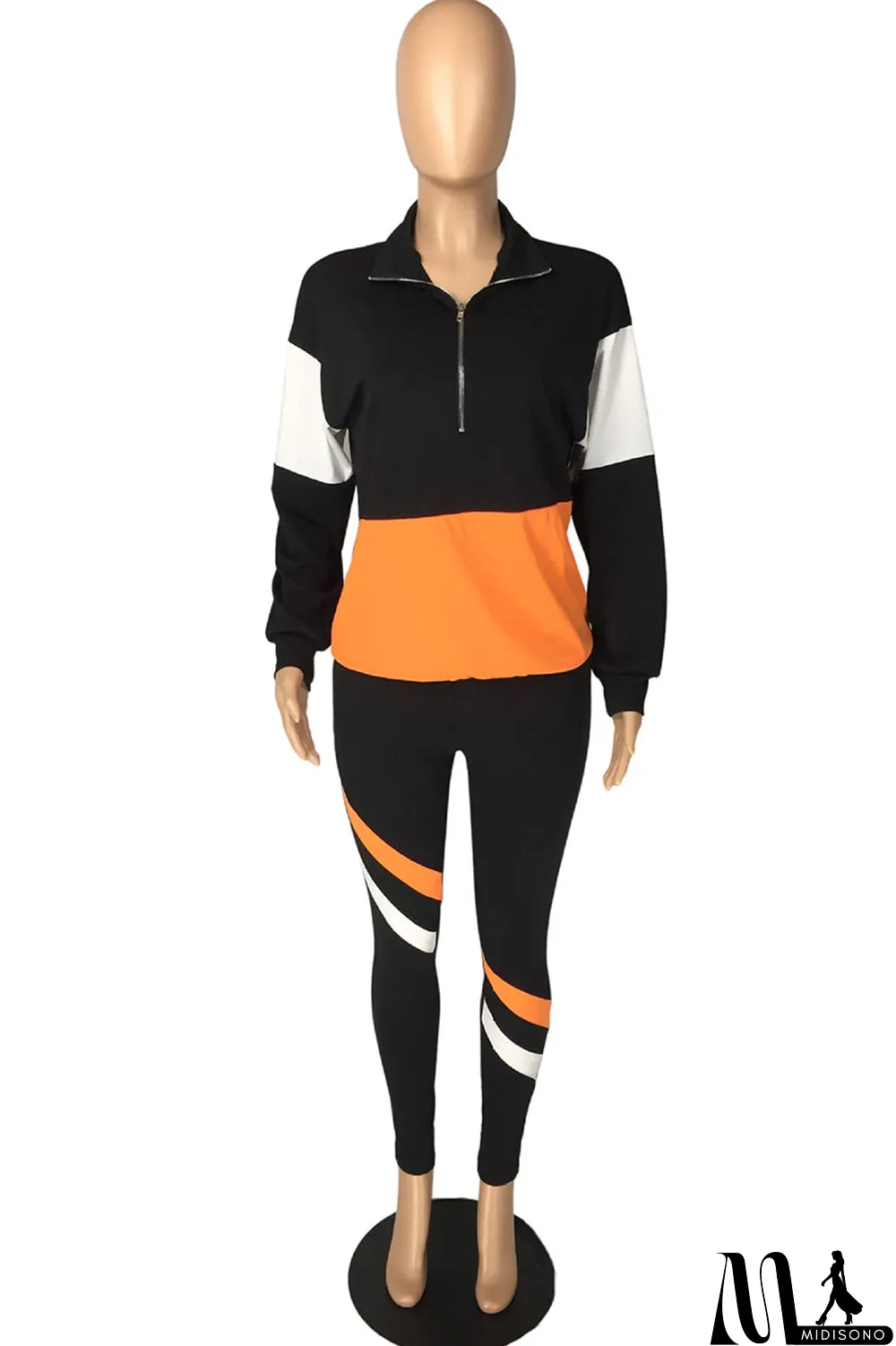 MidiSono - Fluorescent green Casual Striped Print Zippered Split Joint Mandarin Collar Long Sleeve Two Pieces