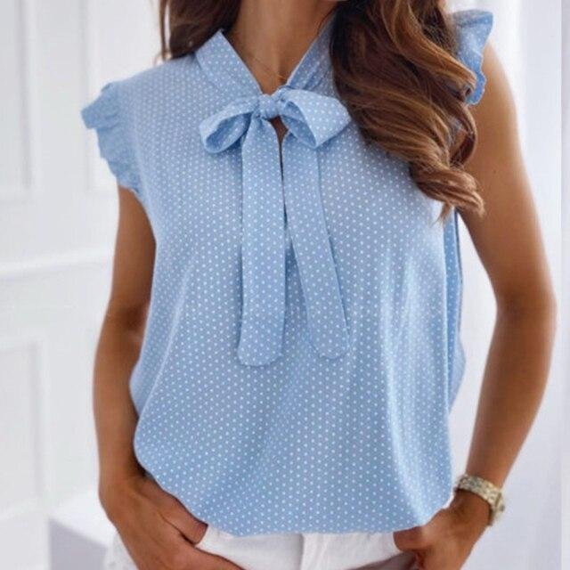 Women's Casual Short Sleeve Ruffle Trim Bow Tie Blouse Summer Chiffon Top Shirts Polka Dot Print Formal Workwear S-XXL - Shop Trendy Women's Fashion | TeeYours