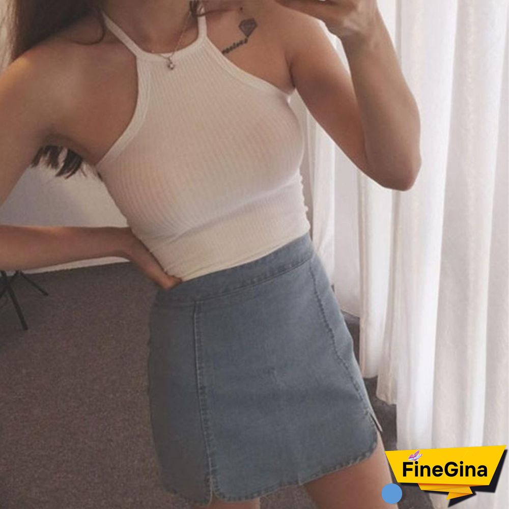 Women Summer Tops Off Shoulder Tank Top Knitted Cotton Halter Cropped Blouses Vest