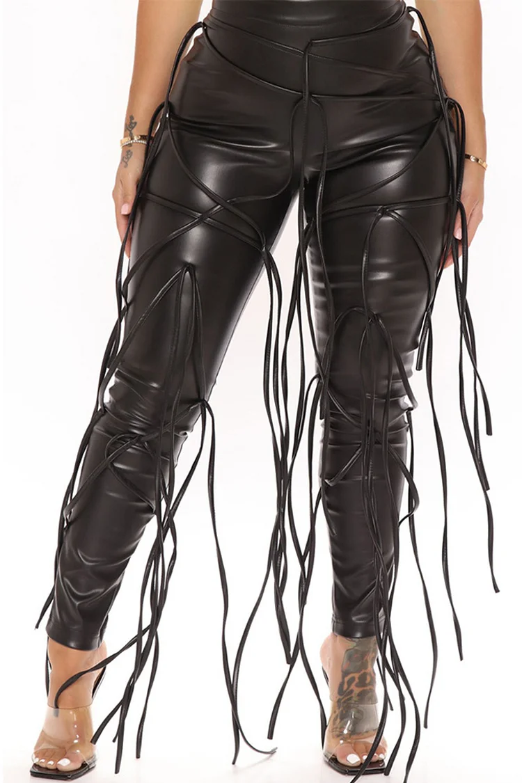 Gothic Black Casual Straps Fringe PU Leather Skinny Leggings