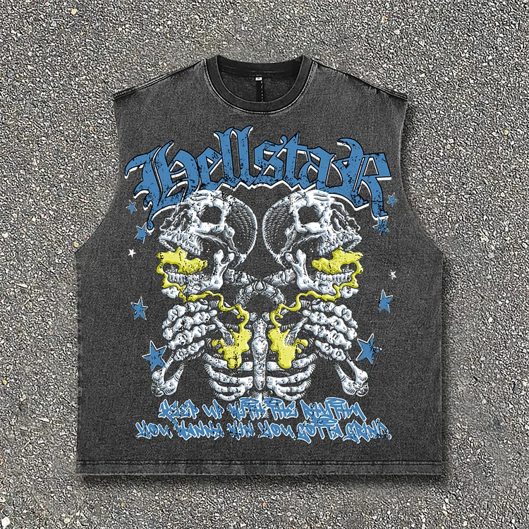 Street Hellstar Flame Skeleton Star Print Vintage Wash Sleeveless Tank Top SOPULA