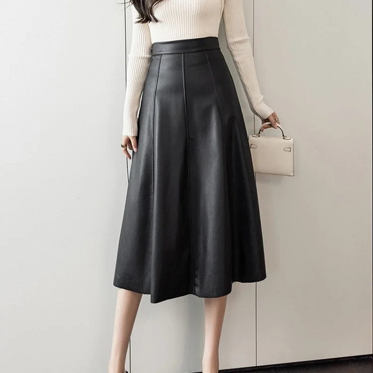Temperament Solid Color High-waist Pu Leather A-line Skirt