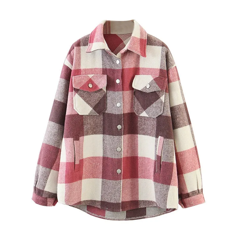 Aachoae Loose Casual Wool Plaid Jacket Women Turn Down Collar Fashion Coat With Pockets Autumn Long Sleeve Ladies Jackets Coats