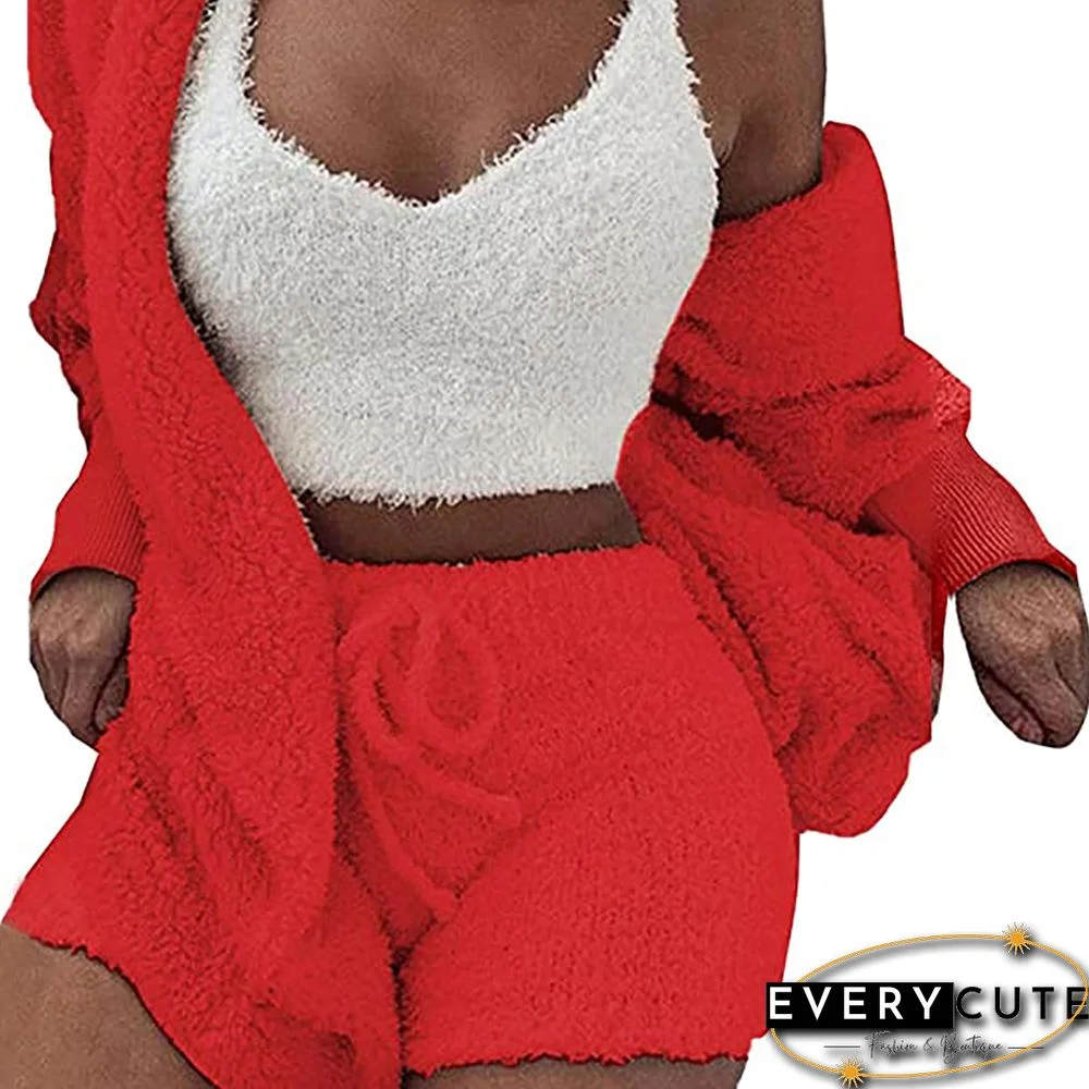 Red Plush Hoodie with Shorts and White Vest 3pcs Set