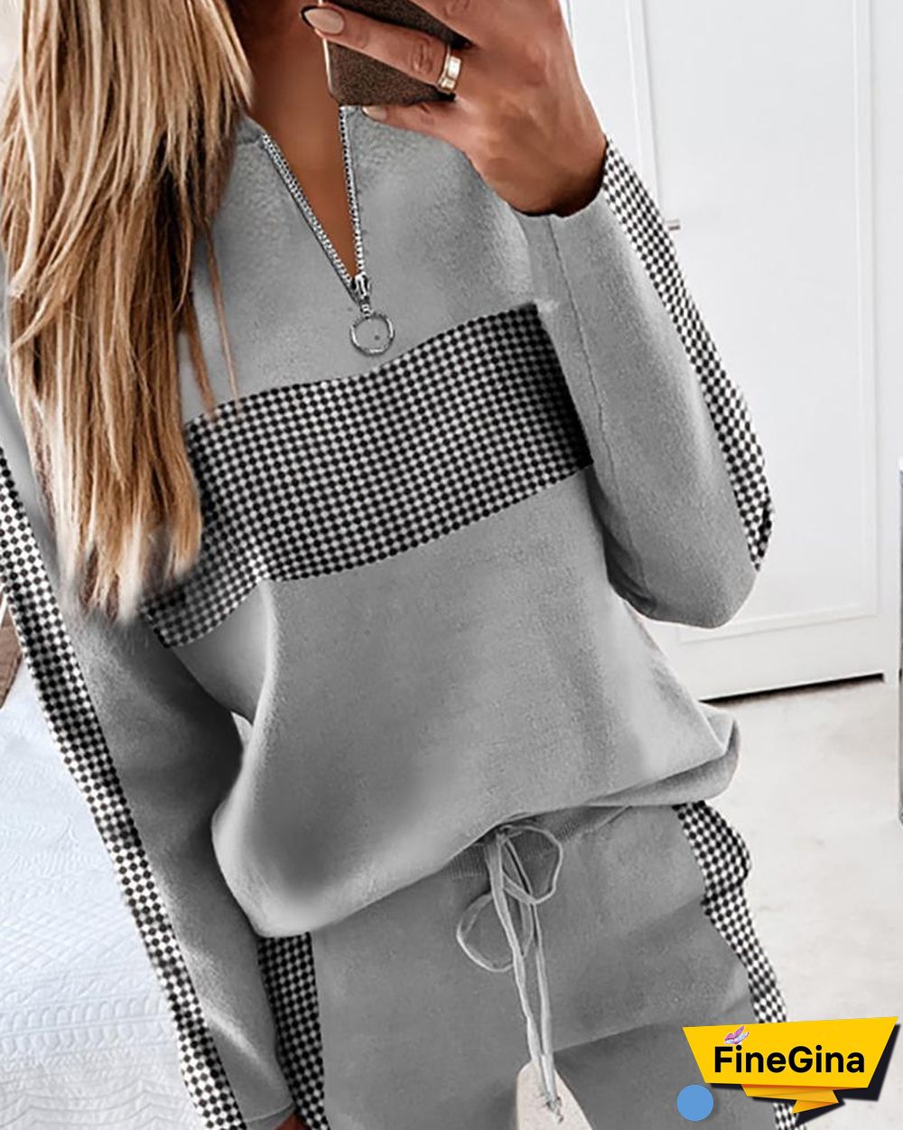 Colorblock Zipper Design Long Sleeve Top & Drawstring Waist Pants Set P11007