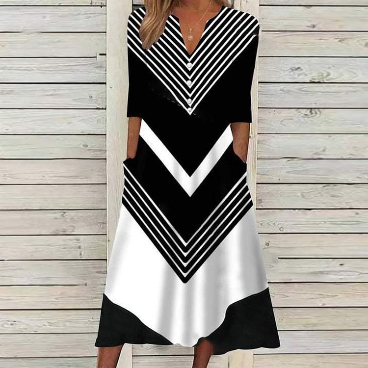 Comstylish Sailor Stripe Black White Side Pocket Midi Dress