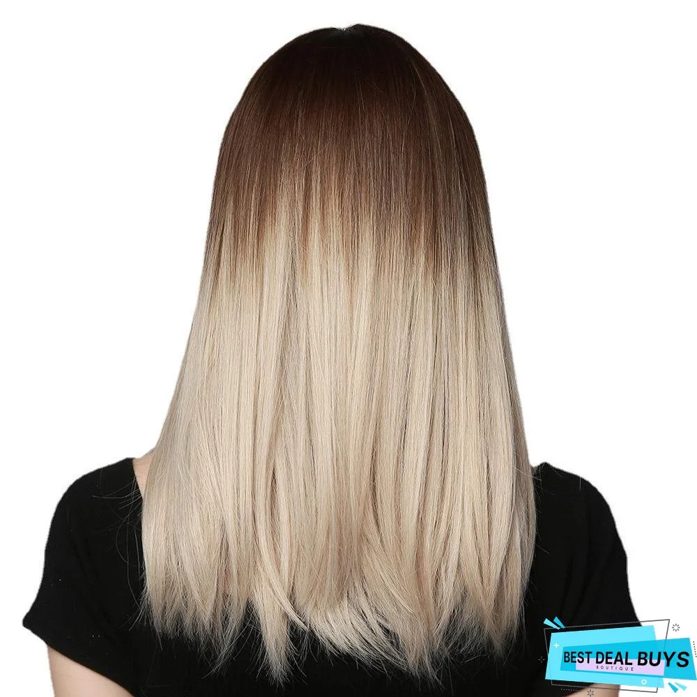 Foreign Trade Wig Women's Middle Split Brown Gradient Gold Medium Long Straight Hair