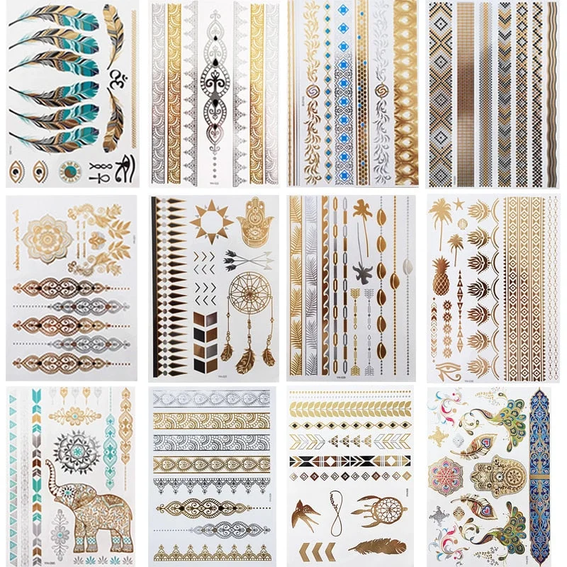 12 Sheets Metallic Temporary Tattoos Gold Boho Waterproof Flash Fake Tattoo Sticker Designs for Women Girls