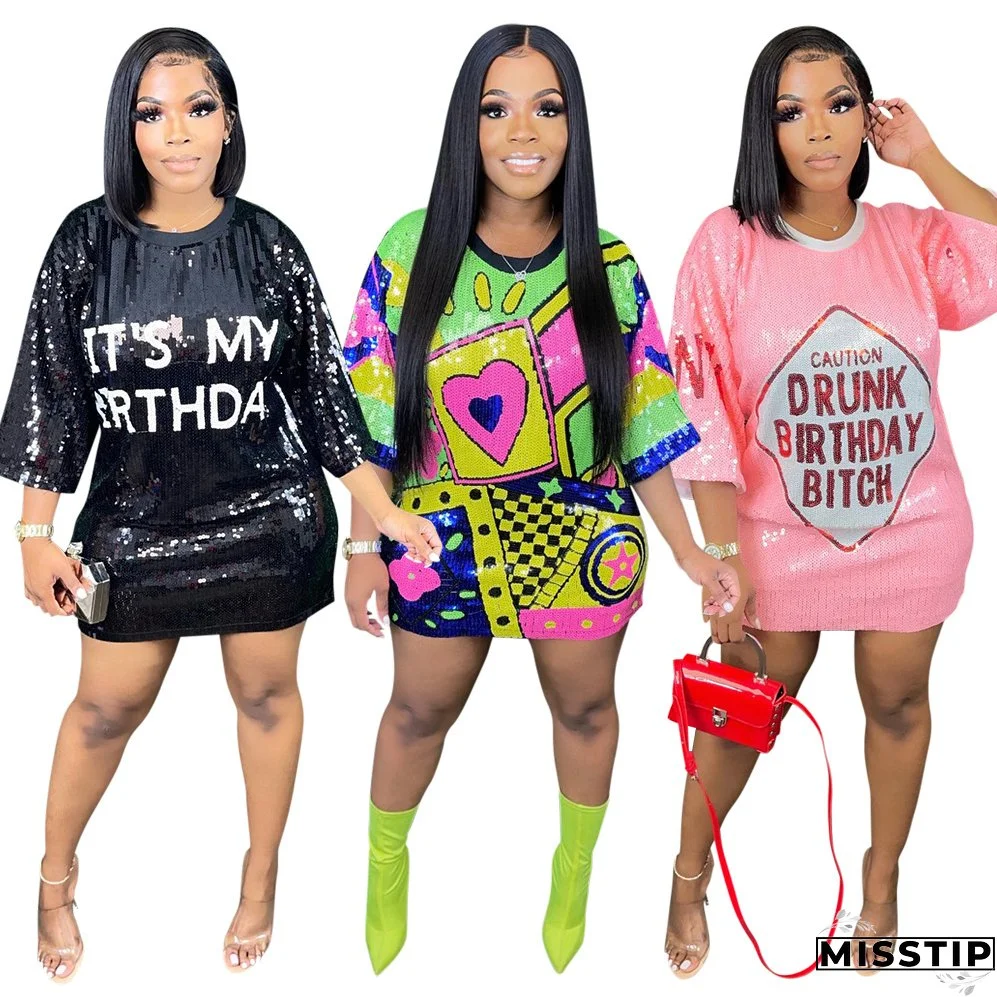 Trendy Round Neck Half Sleeve Loose Sequin Print Party Sequined Nightclub Style Women's Dress