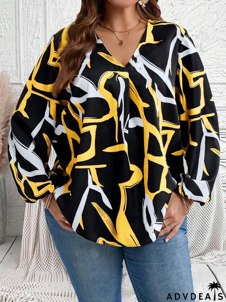 Plus Size Women's Asymmetrical Line Print V-Neck Lantern Sleeve Loose Casual Long Sleeve Blouse, Fall Clothes